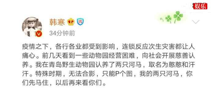 韩寒认养河马分别起了名字