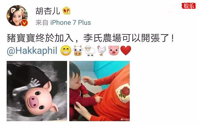 胡杏儿发微博表示二胎得子