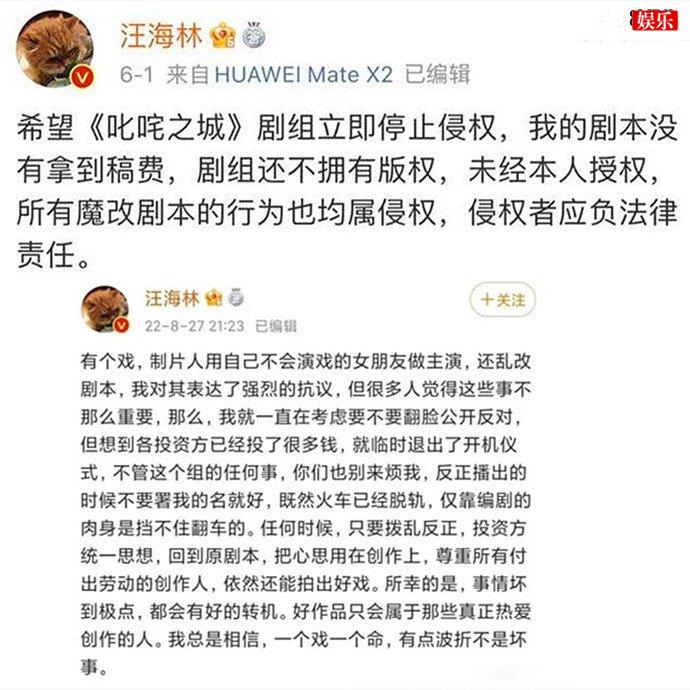 王海林发文叱咤之城剧组侵权