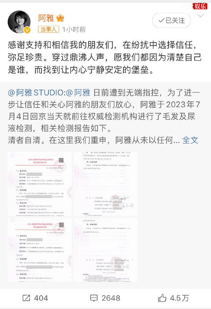 阿雅方晒毛发及尿液检测报告